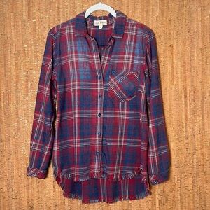 Cloth and Stone Frayed Hem Flannel Red and Blue Plaid Button Down Shirt Small